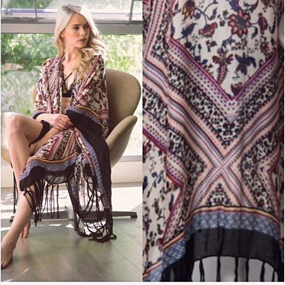 Sweaters - Boho Beautiful Fringe Kimono Wrap Armholes Swim Coverup OSFM 0-18 Tassel